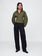 Gap Green Organic Cotton Poplin Barrel Sleeve Cropped Shirt - Image 3 of 7