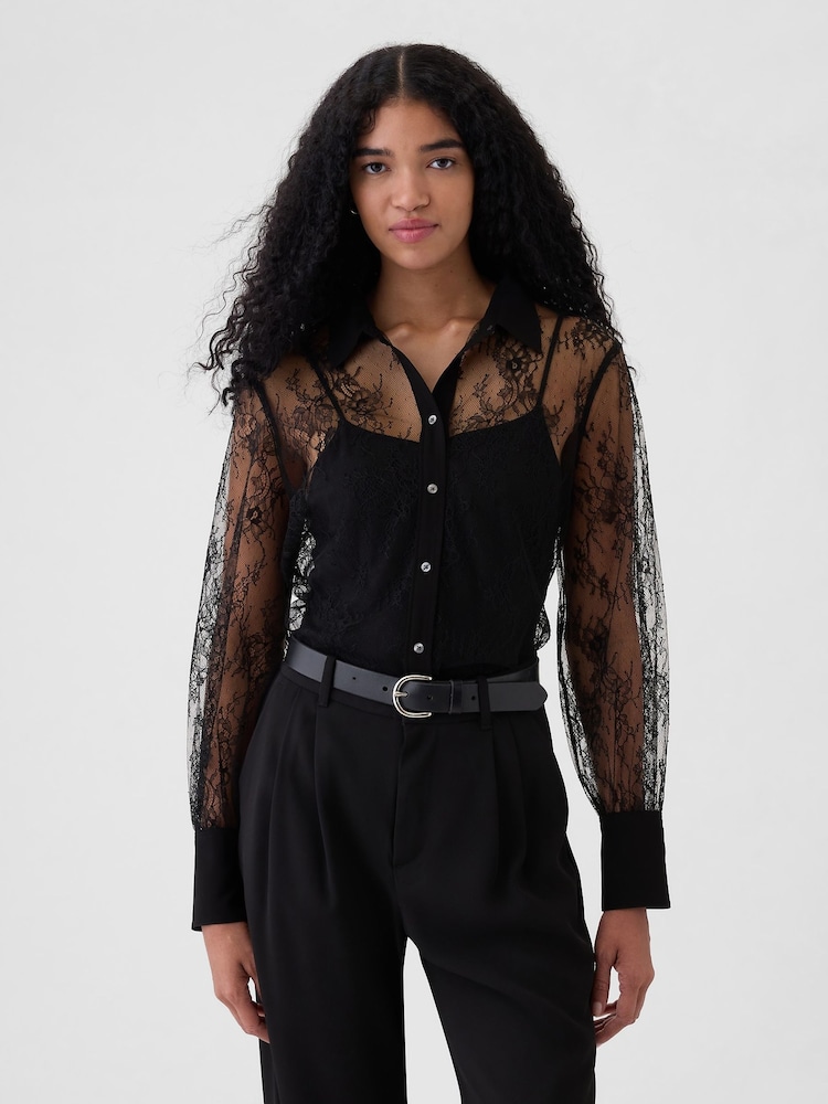Gap Black Sheer Lace Classic Shirt - Image 1 of 4 Gap Black Sheer Lace Classic Shirt - Image 1 of 4