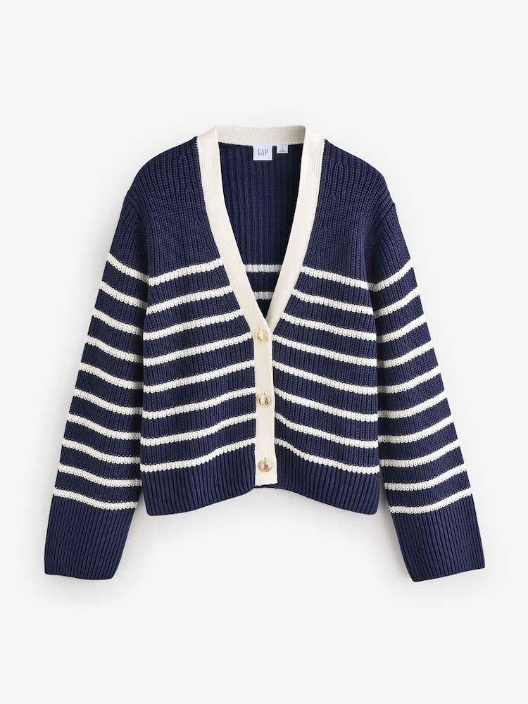 Gap Navy Blue & White Stripe 100% Cotton V-Neck Cardigan - Image 1 of 5