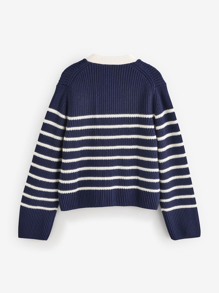 Gap Navy Blue & White Stripe 100% Cotton V-Neck Cardigan - Image 2 of 5