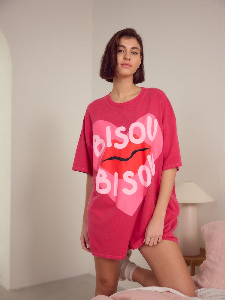 Pink Bisou Bisou Oversized 100% Cotton Night T-Shirt - Image 1 of 5 Pink Bisou Bisou Oversized 100% Cotton Night T-Shirt - Image 1 of 5