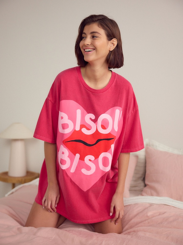 Pink Bisou Bisou Oversized 100% Cotton Night T-Shirt - Image 3 of 5