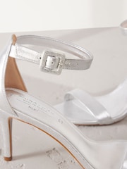 Silver Signature Premium Leather Round Toe Buckle Detail Mid Simple Sandals - Image 9 of 10