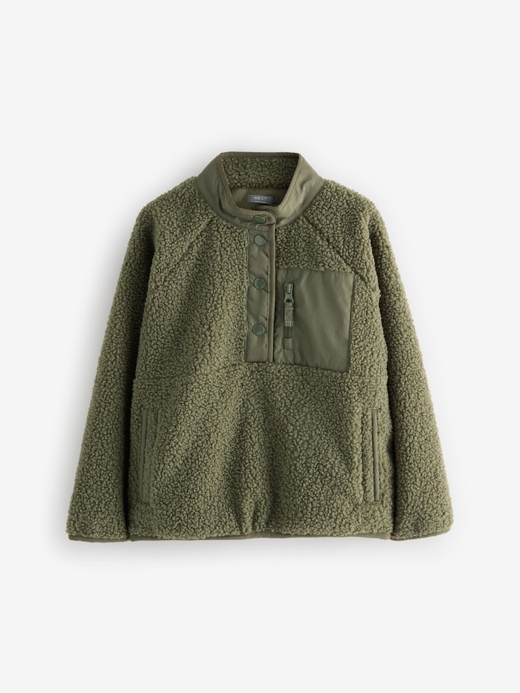 Olive Green Placket Borg Fleece Top (3-16yrs) - Image 1 of 4