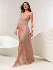 Lipsy Rose Gold Shimmer Plisse Embellished One Shoulder Maxi Dress - Image 4 of 5