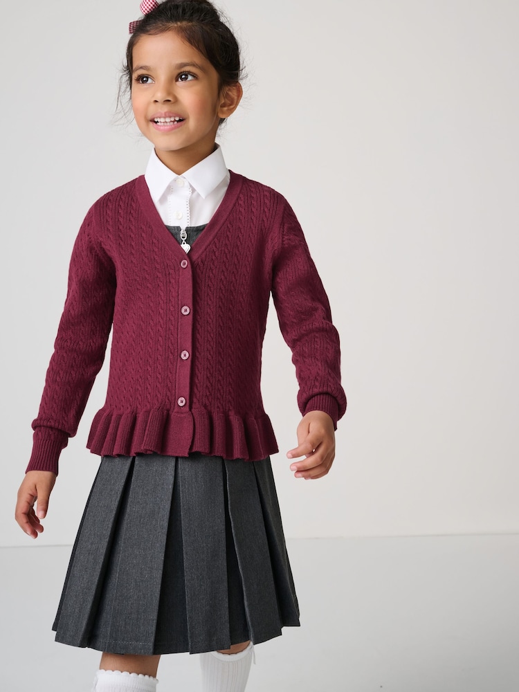 Clarks Burgundy Red Girls Cable Knit Frill School Cardigan - Image 1 of 14