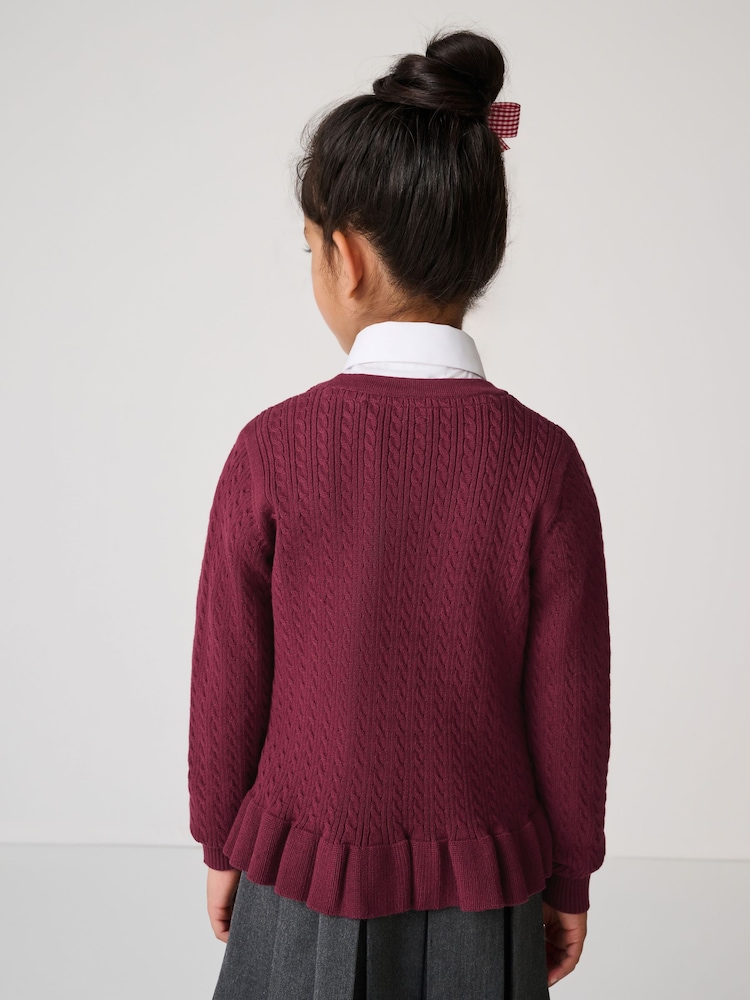 Clarks Burgundy Red Girls Cable Knit Frill School Cardigan - Image 2 of 14