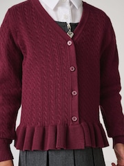 Clarks Burgundy Red Girls Cable Knit Frill School Cardigan - Image 4 of 14