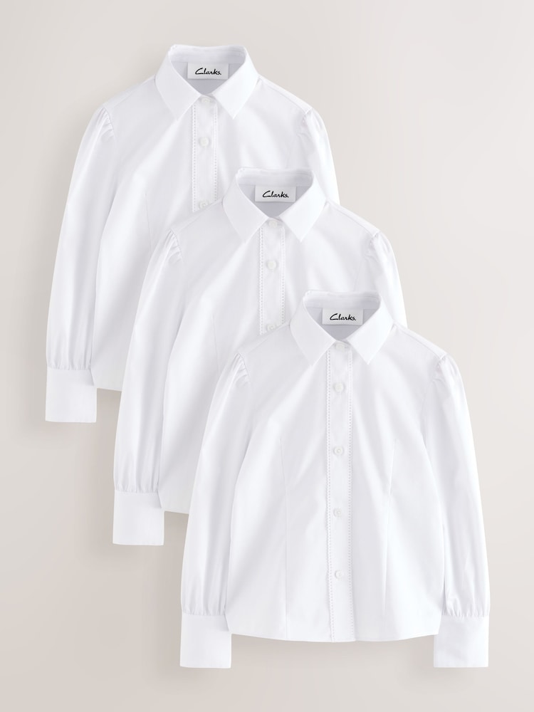 Clarks White Girls Fitted Long Sleeve School Shirts 3 Pack - Image 1 of 5