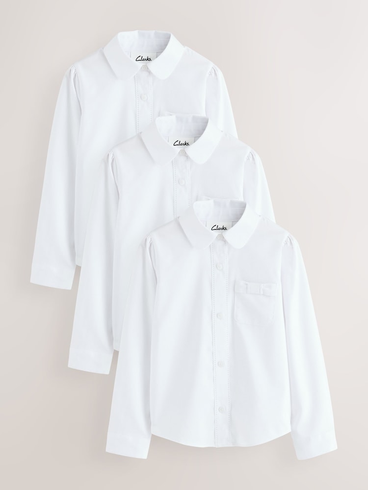 Clarks White Bow Long Sleeve School Shirts 3 Pack - Image 1 of 11