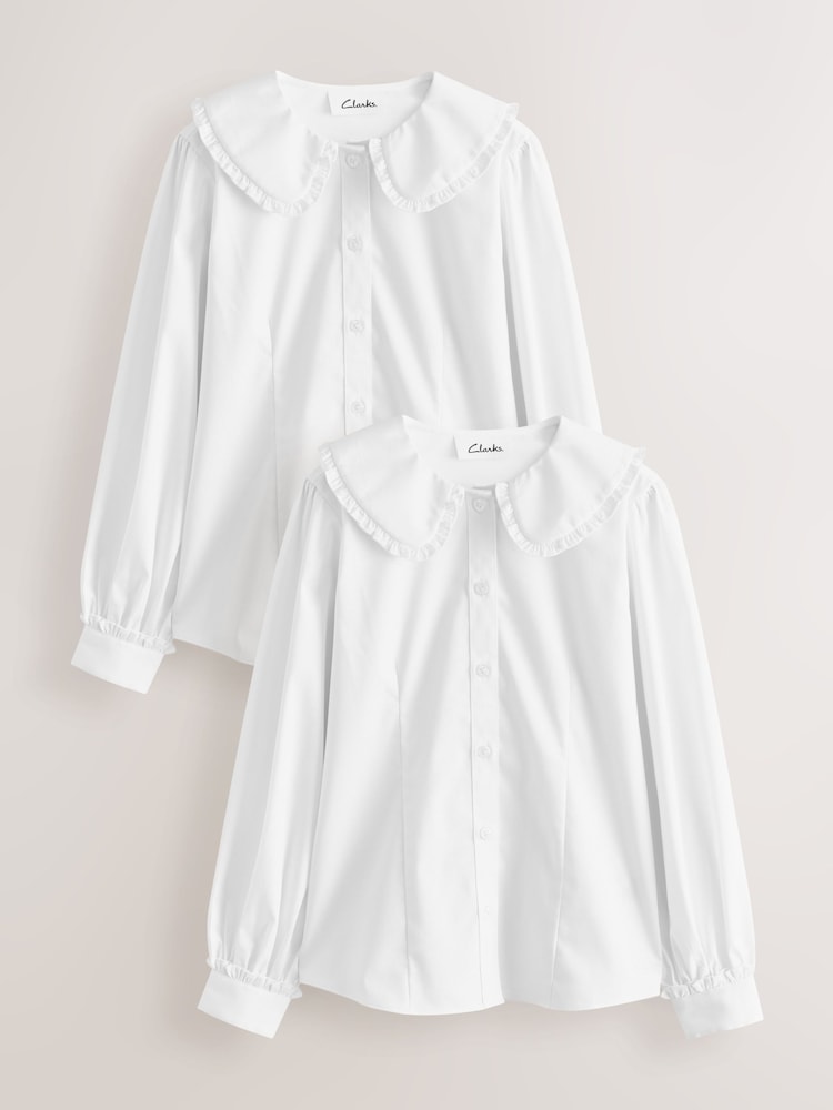 Clarks White Collared Long Sleeve School Shirts 2 Pack - Image 1 of 5