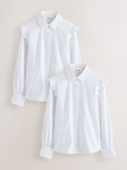 Clarks White Frill Long Sleeve School Shirts 2 Pack - Image 1 of 6