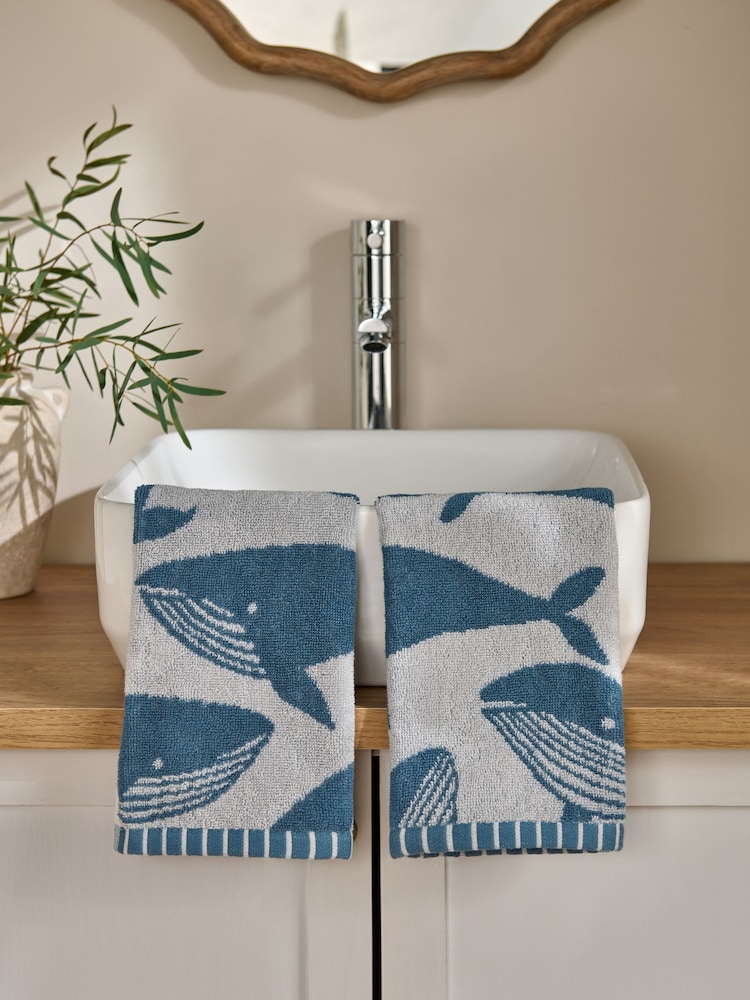Set of 2 Blue 100% Cotton Whale Face Cloth - Image 1 of 4
