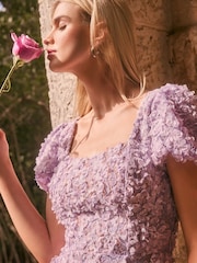 Lipsy Purple Lilac Textured 3D Floral Short Sleeve Skater Mini Dress - Image 2 of 5