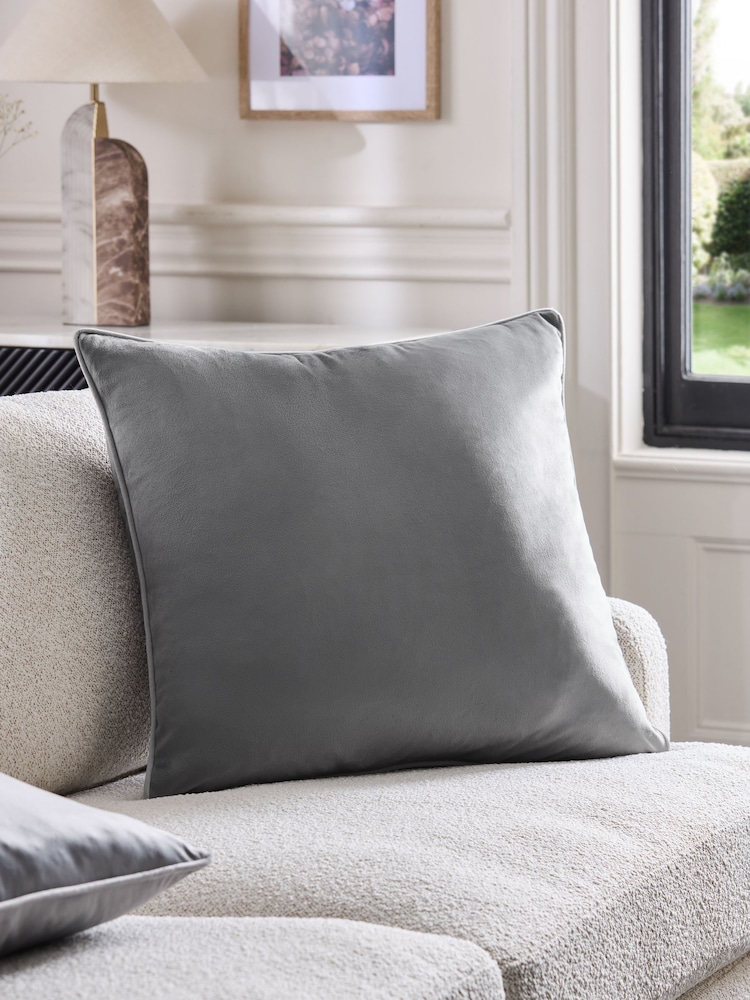 Grey 59 x 59cm Matte Velvet Contrast Pipe Cushion - Image 1 of 5