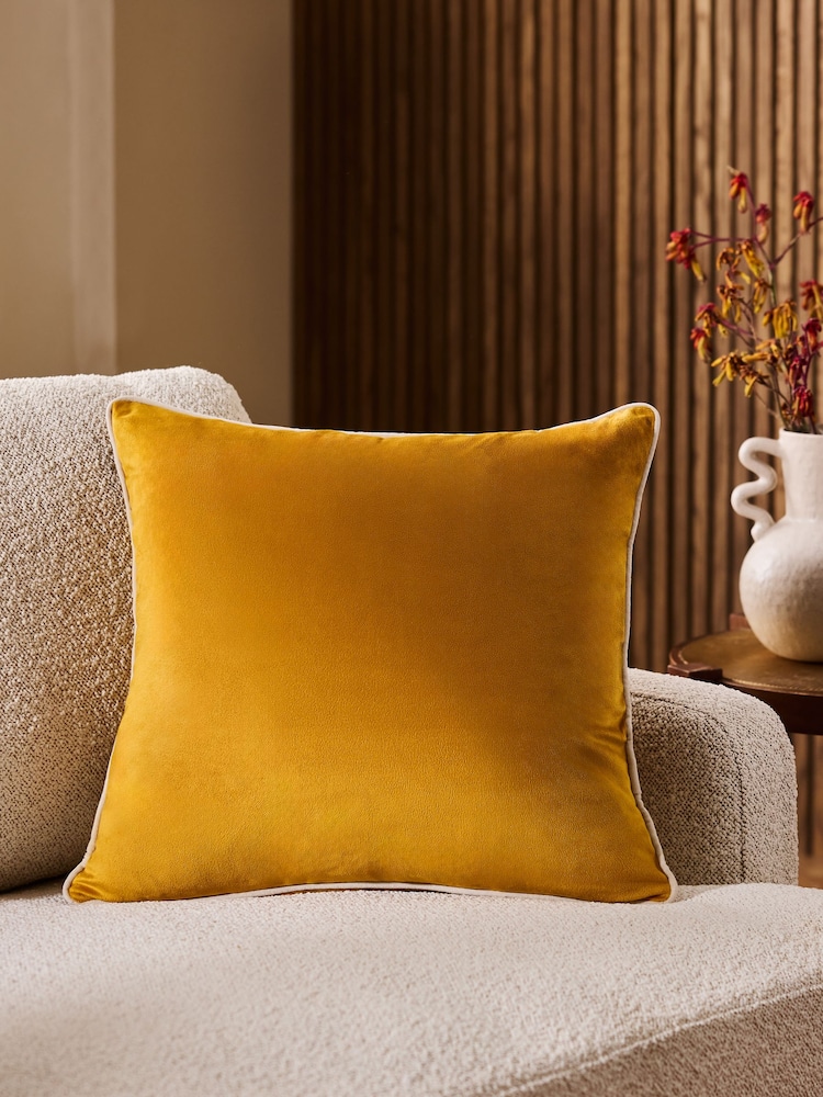 Ochre Yellow 59 x 59cm Matte Velvet Contrast Pipe Cushion - Image 1 of 5