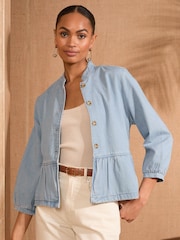 Love & Roses Light Wash Blue Light Weight Peplum Hem 100% Cotton Jacket - Image 1 of 4