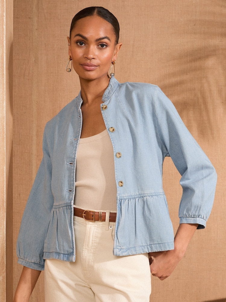 Love & Roses Light Wash Blue Light Weight Peplum Hem 100% Cotton Jacket - Image 1 of 4