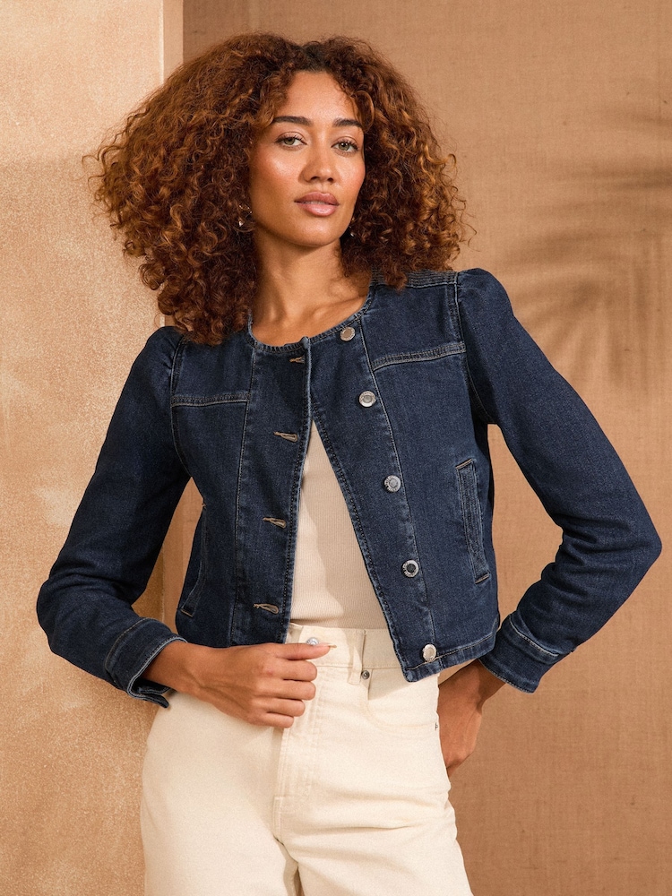Love & Roses Dark Wash Petite Collarless Puff Sleeve Jacket - Image 1 of 4