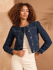 Love & Roses Dark Wash Blue Denim Collarless Puff Sleeve Jacket - Image 1 of 4