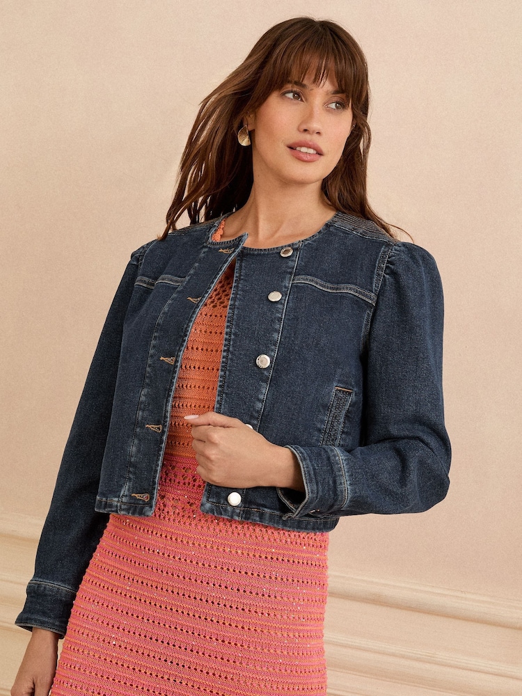 Dark Wash Blue Denim - Love & Roses Collarless Puff Sleeve Jacket - Imagen 1 de 4 Dark Wash Blue Denim - Love & Roses Collarless Puff Sleeve Jacket - Imagen 1 de 4