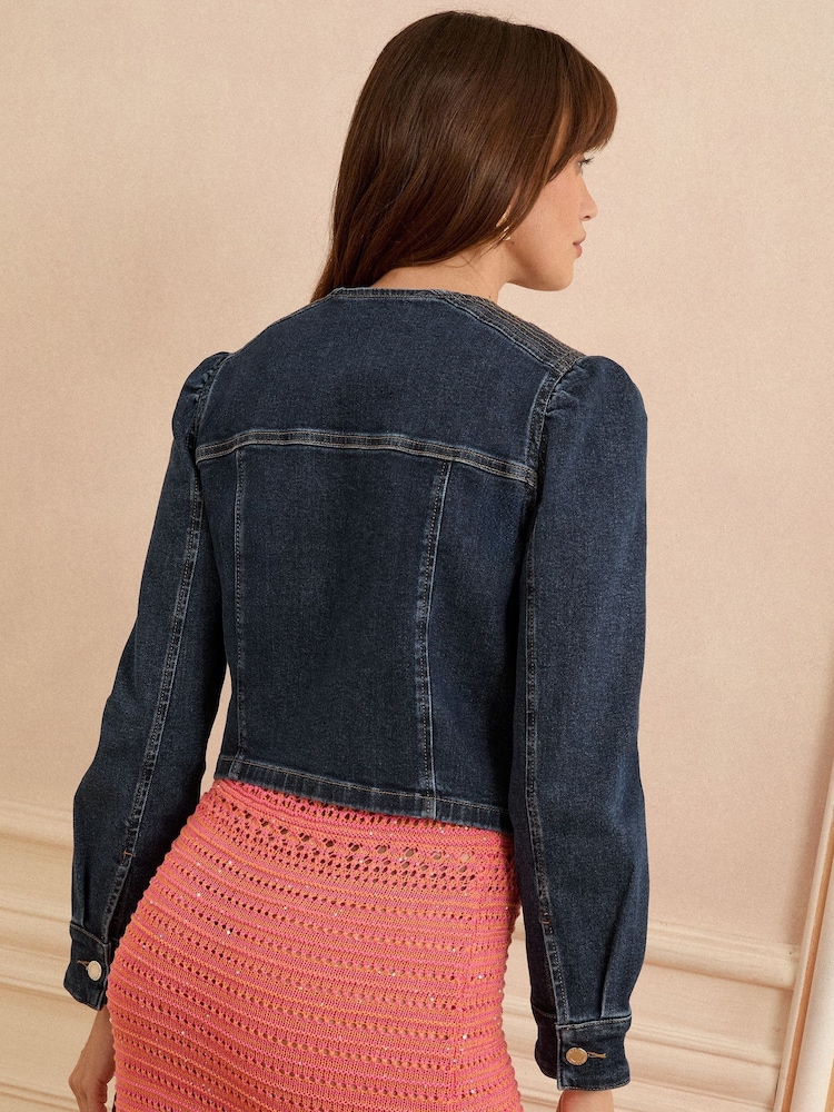 Dark Wash Blue Denim - Love & Roses Collarless Puff Sleeve Jacket - Imagen 4 de 4 Dark Wash Blue Denim - Love & Roses Collarless Puff Sleeve Jacket - Imagen 4 de 4