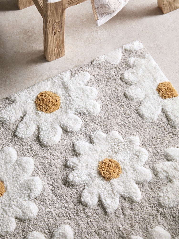 Natural Grey Daisy 100% Cotton Shower Mat - Image 2 of 4