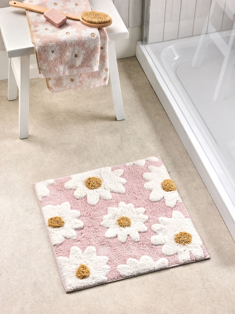 Pink Daisy 100% Cotton Shower Mat - Image 1 of 1