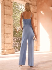 Lipsy Blue Embellished Pearl Strap Ruched Mesh Mix Jumpsuit - Image 4 of 4
