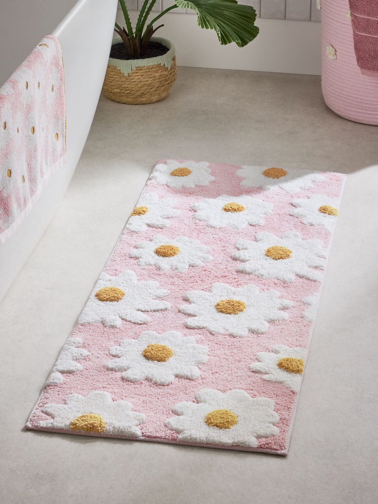 Pink Daisy 100% Cotton Runner Bath Mat - Image 1 of 1
