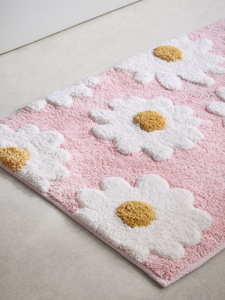 Pink Daisy 100% Cotton Runner Bath Mat - Image 2 of 3 Pink Daisy 100% Cotton Runner Bath Mat - Image 2 of 3
