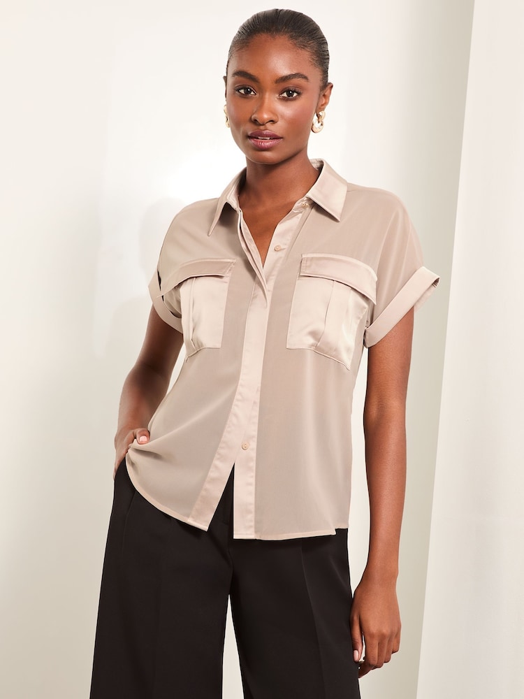 Gold - Lipsy Sheer Satin Chiffon Pocket Shirt - Image 3 of 4