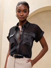 Schwarz - Lipsy Sheer Satin Chiffon Pocket Shirt - Image 1 of 4