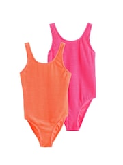 Lipsy Pink/Orange 2 Pack Scoop Neck Textured Swimsuits (5-16yrs) - Image 1 of 7
