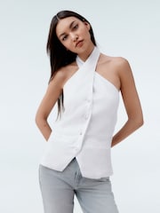 White 100% Linen Button Down Halter Top - Image 1 of 7