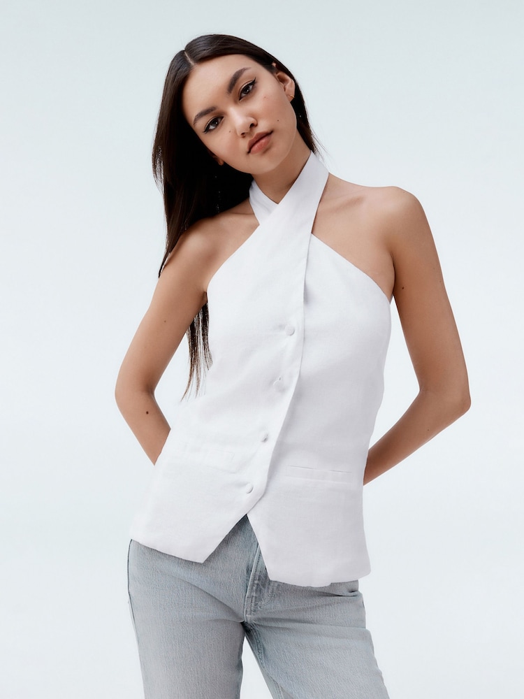 White 100% Linen Button Down Halter Top - Image 1 of 7 White 100% Linen Button Down Halter Top - Image 1 of 7