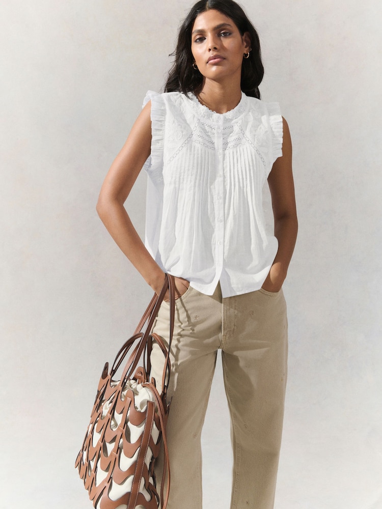 White Embroidered Pintuck Sleeveless Top - Image 2 of 8