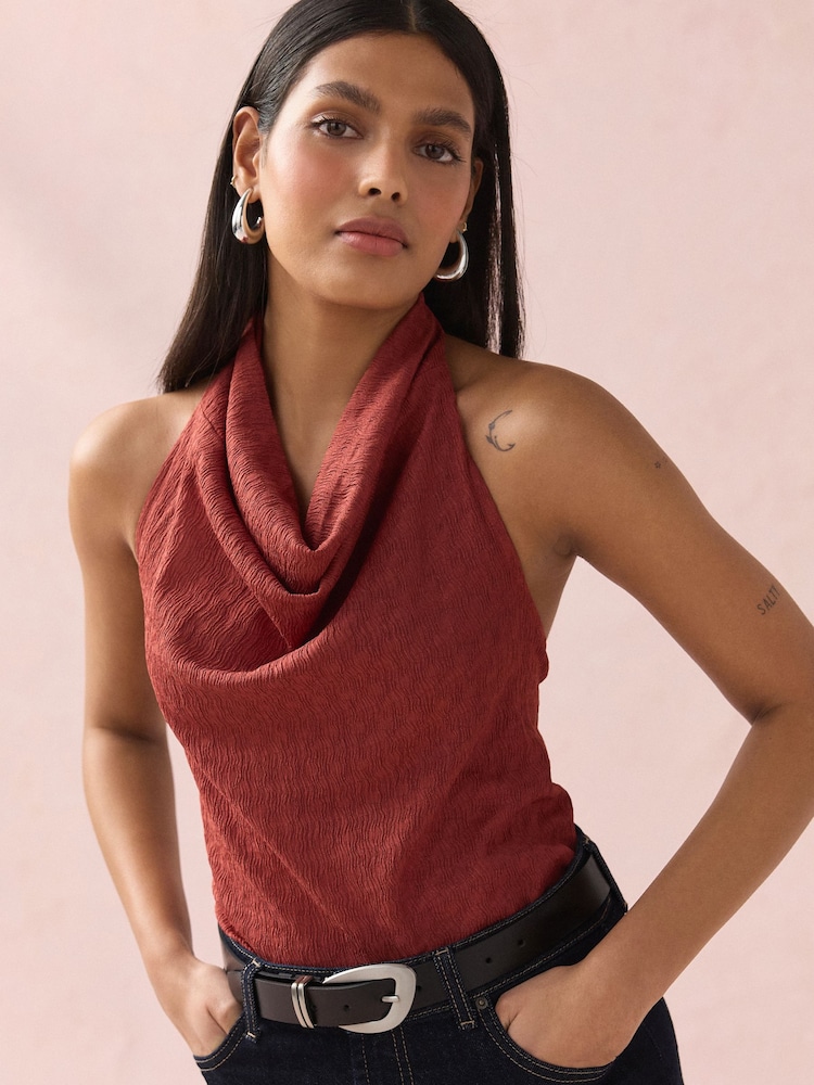 Dark Red Texture Hater Neck Top - Image 1 of 2