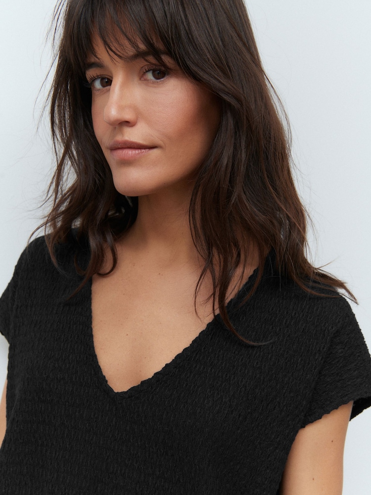 Black Textured Short Sleeve V-Neck T-Shirt - Image 1 of 8