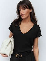 Black Textured Short Sleeve V-Neck T-Shirt - Image 4 of 8