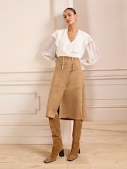 Love & Roses Camel Faux Suede Wrap Midi Skirt - Image 1 of 4
