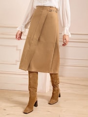 Love & Roses Camel Faux Suede Wrap Midi Skirt - Image 2 of 4