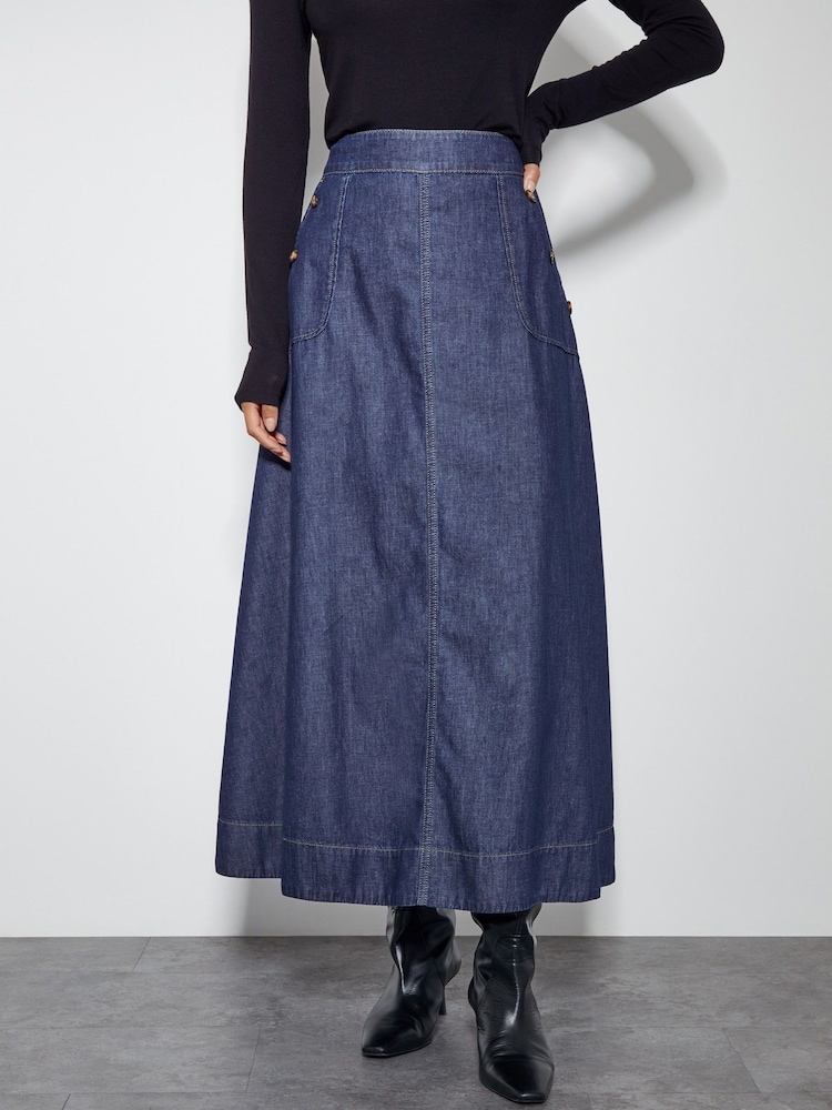 Monsoon Blue 100% Cotton Harper A-Line Denim Midi Skirt - Image 2 of 4