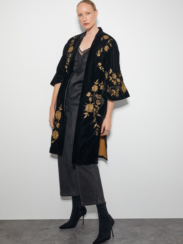 Monsoon Black Kendra Embroidered Floral Velvet Kimono - Image 1 of 5