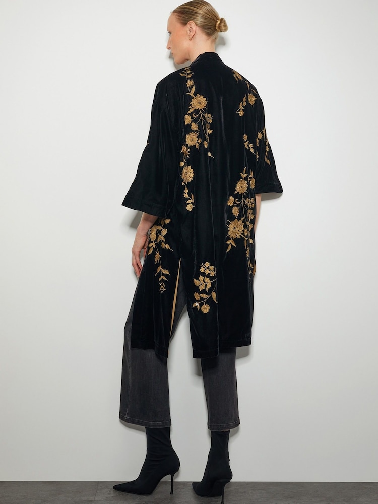Monsoon Black Kendra Embroidered Floral Velvet Kimono - Image 3 of 5