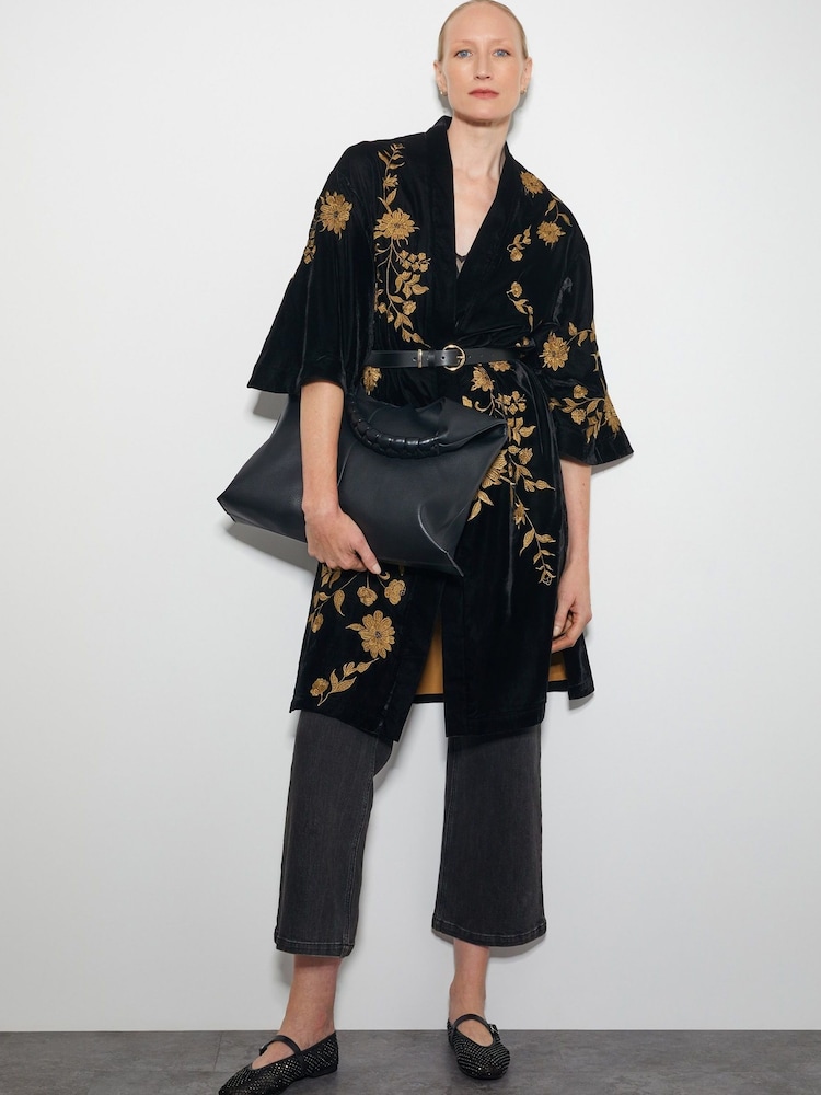 Monsoon Black Kendra Embroidered Floral Velvet Kimono - Image 5 of 5