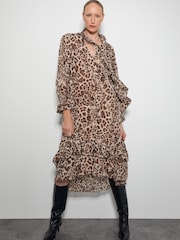 Monsoon Brown Allegra Pussybow Leopard Print Midi Dress - Image 1 of 5