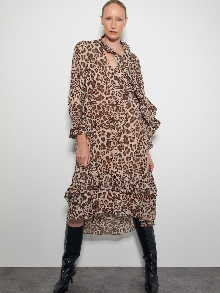 Monsoon Brown Allegra Pussybow Leopard Print Midi Dress - Image 1 of 5