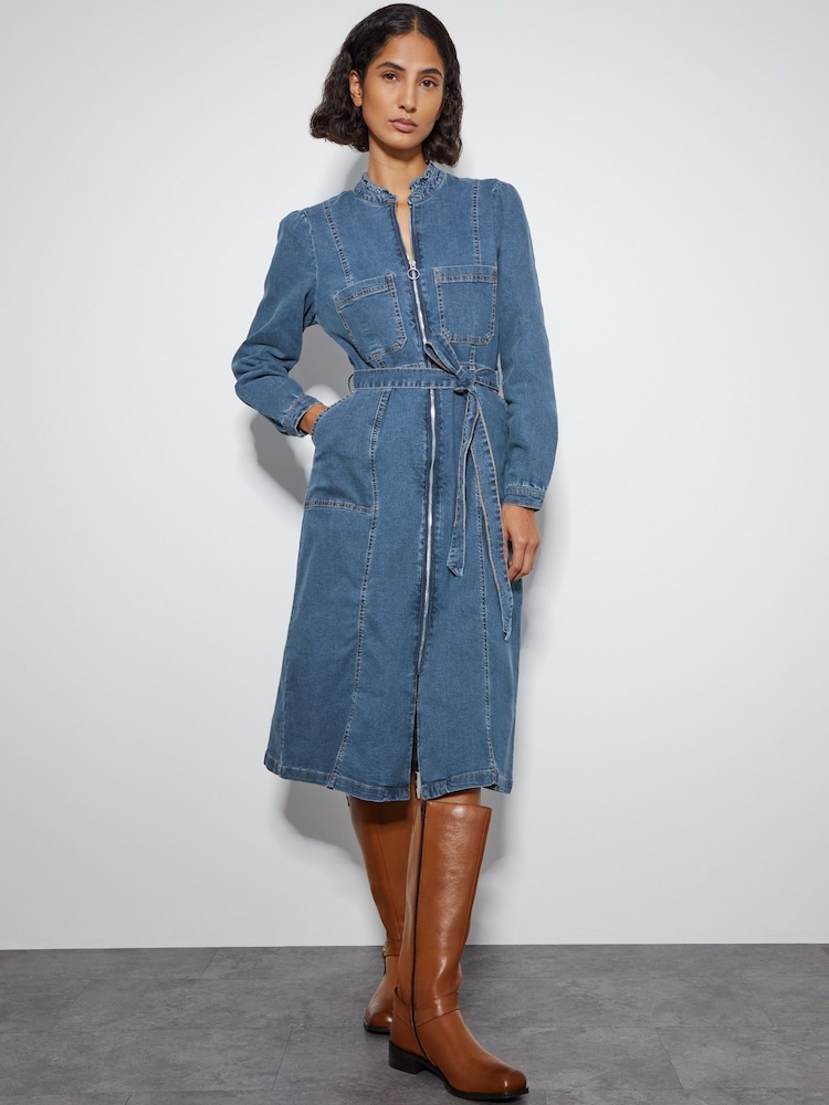 Monsoon Blue Izzy Long Sleeve Denim Zip Midi Dress - Image 1 of 5
