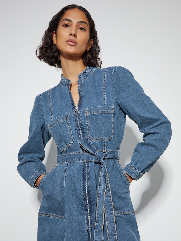 Monsoon Blue Izzy Long Sleeve Denim Zip Midi Dress - Image 2 of 5